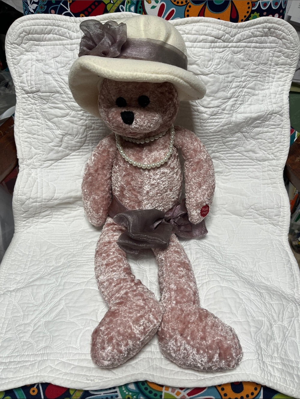 Plush VTG Chantilly Lane Pink Musical Teddy Bear Rose Pearl Necklace Hat 22”Long